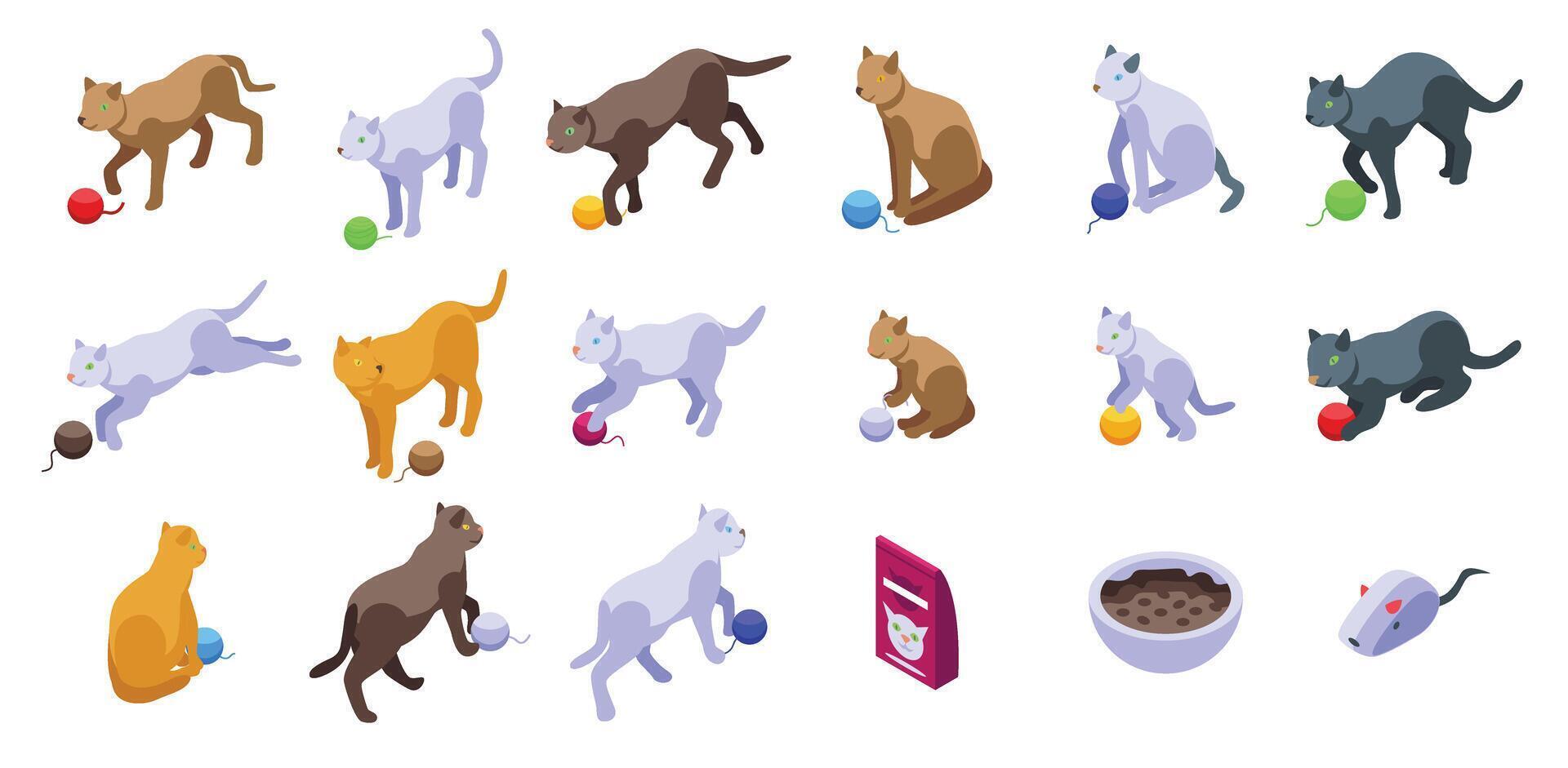 Cat playing yarn ball icons set isometric vector. Kitten animal vector