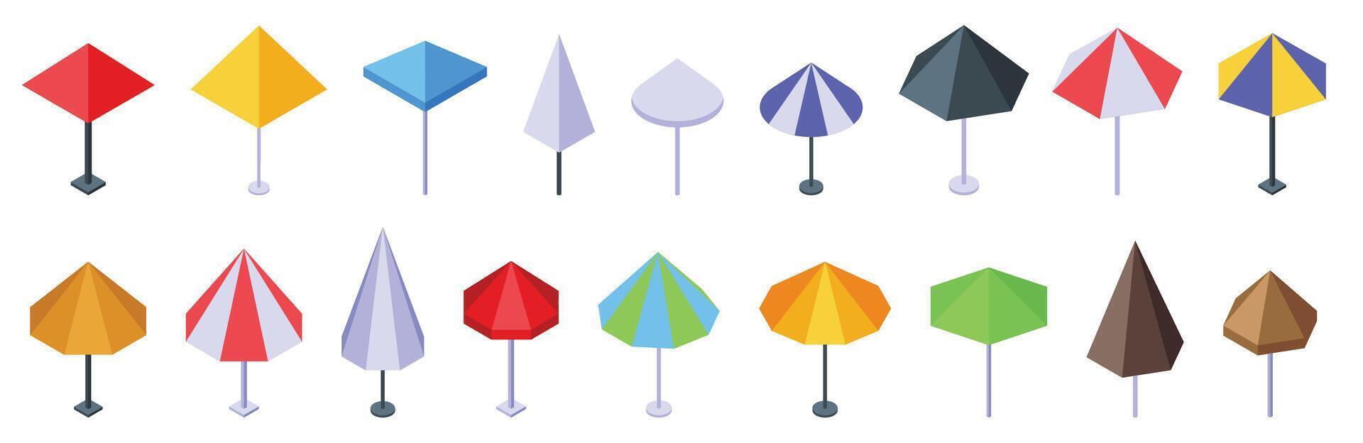 Outdoor cafe umbrella icons set isometric vector. Restaurant design vector