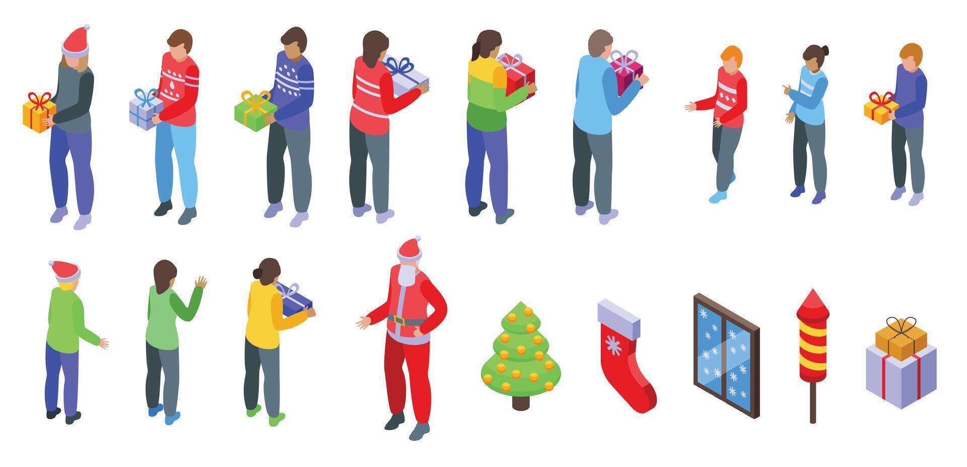 People give christmas presents icons set isometric vector. Celebrate holiday vector