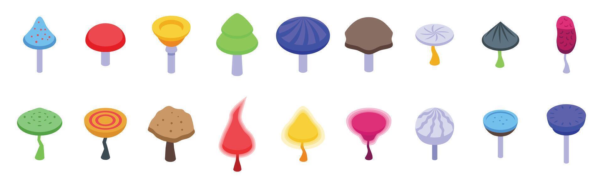 Fantasy mushrooms icons set isometric vector. Magic fungi vector