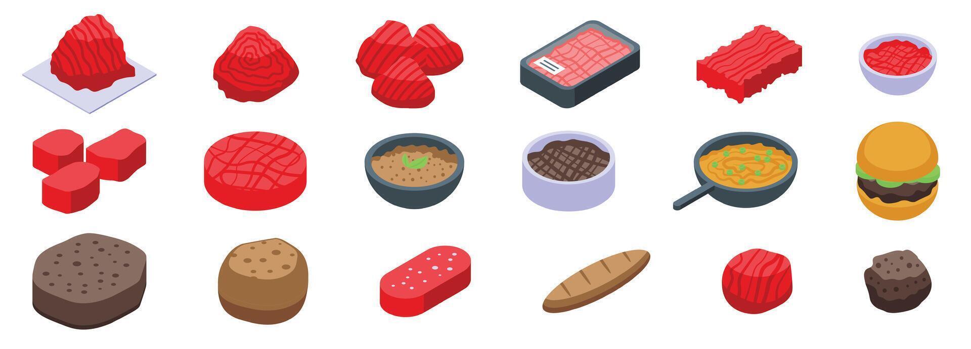 Minced meat icons set isometric vector. Spicy beef vector