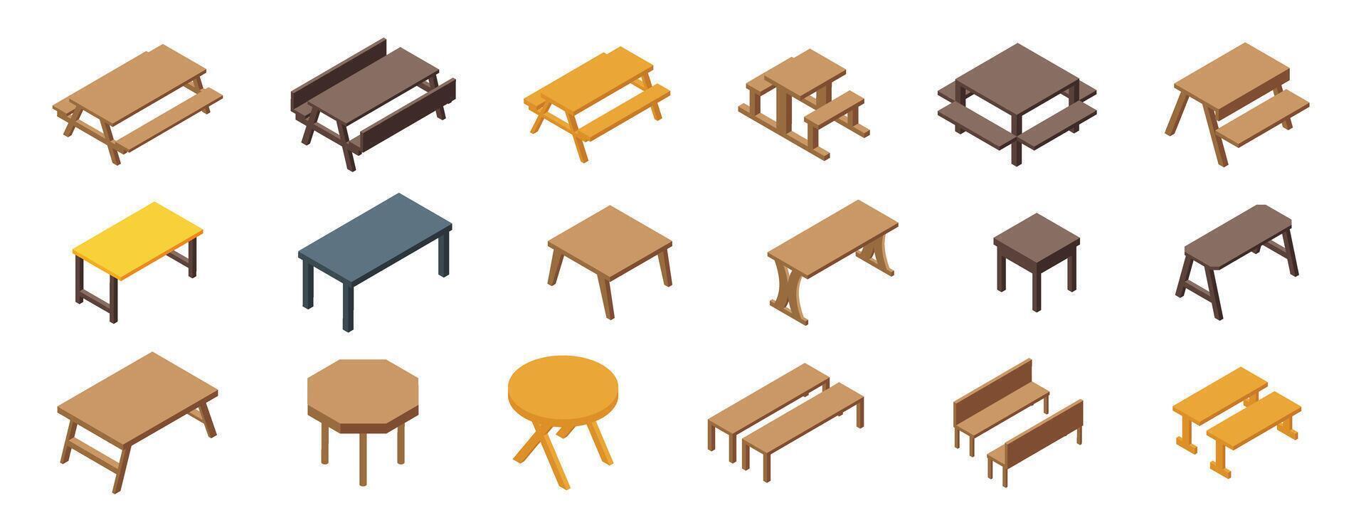 Wooden table picnic icons set isometric vector. Empty garden park vector