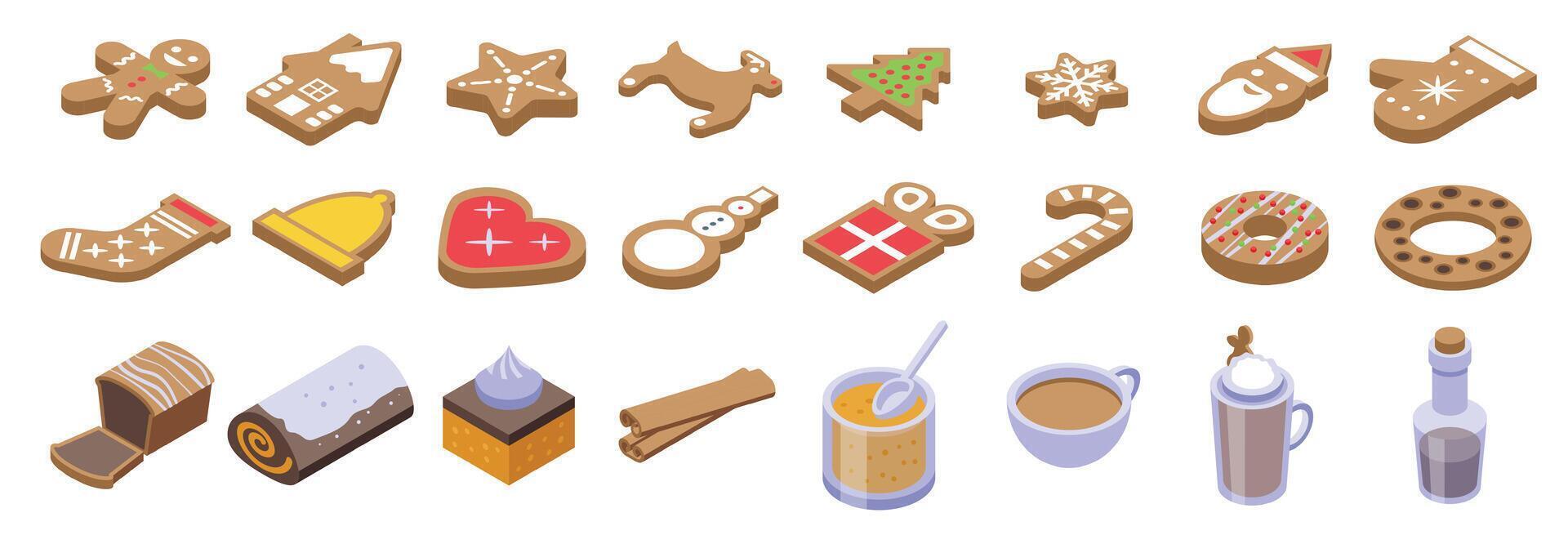 Homemade gingerbread icons set isometric vector. Cookie winter shape vector