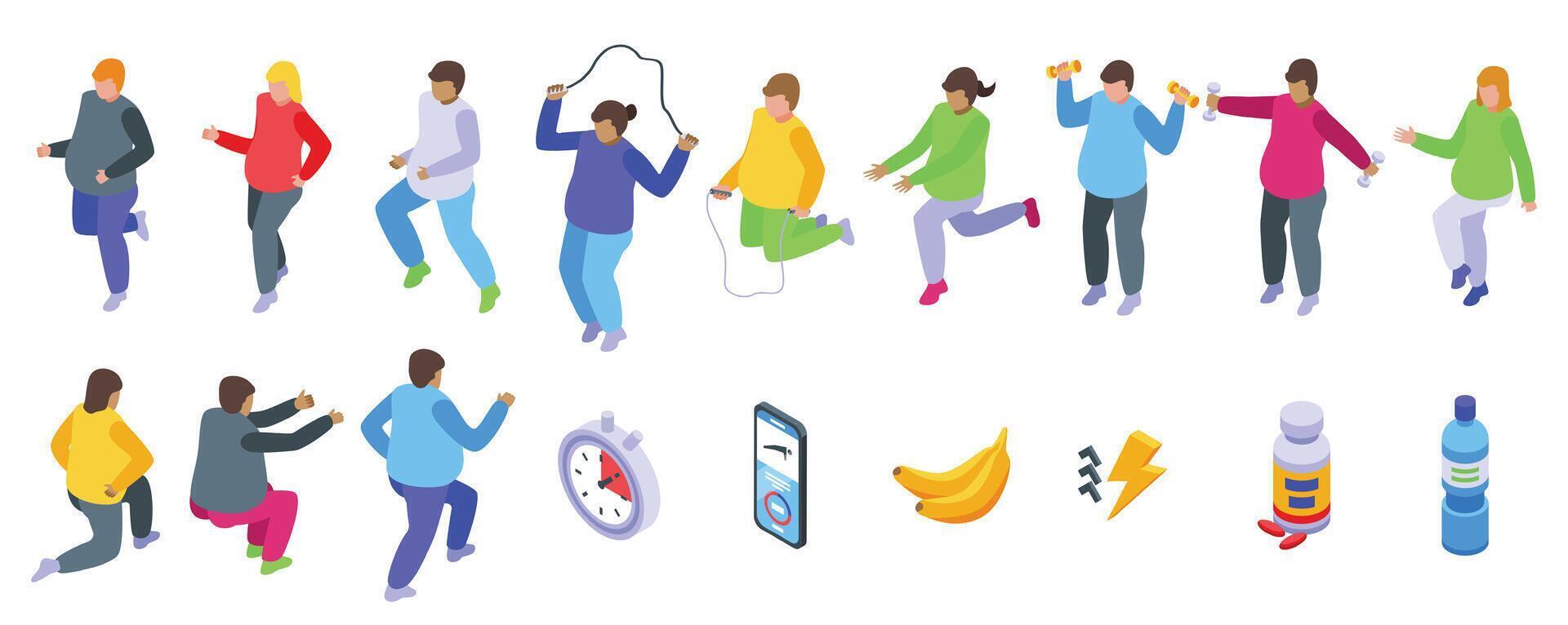 Fat burning workout icons set isometric vector. Jump exercise vector
