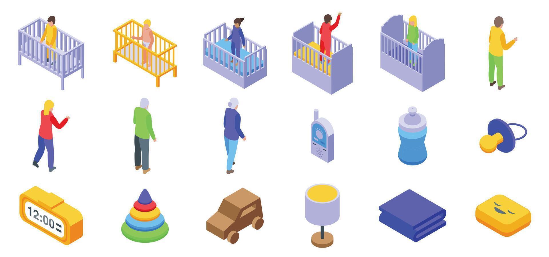 Baby standing crib icons set isometric vector. Infant happy vector