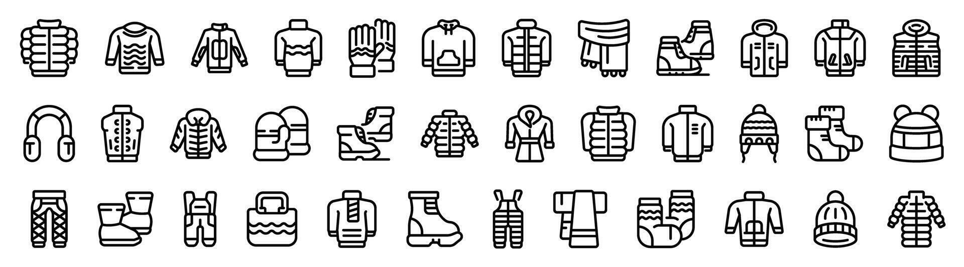 Wardrobe winter icons set outline vector. Season coat vector