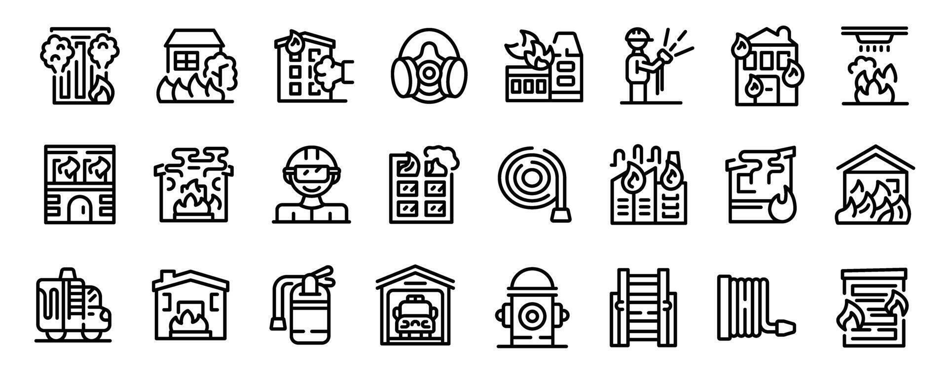 Burning building icons set outline vector. Stew flame vehicle vector