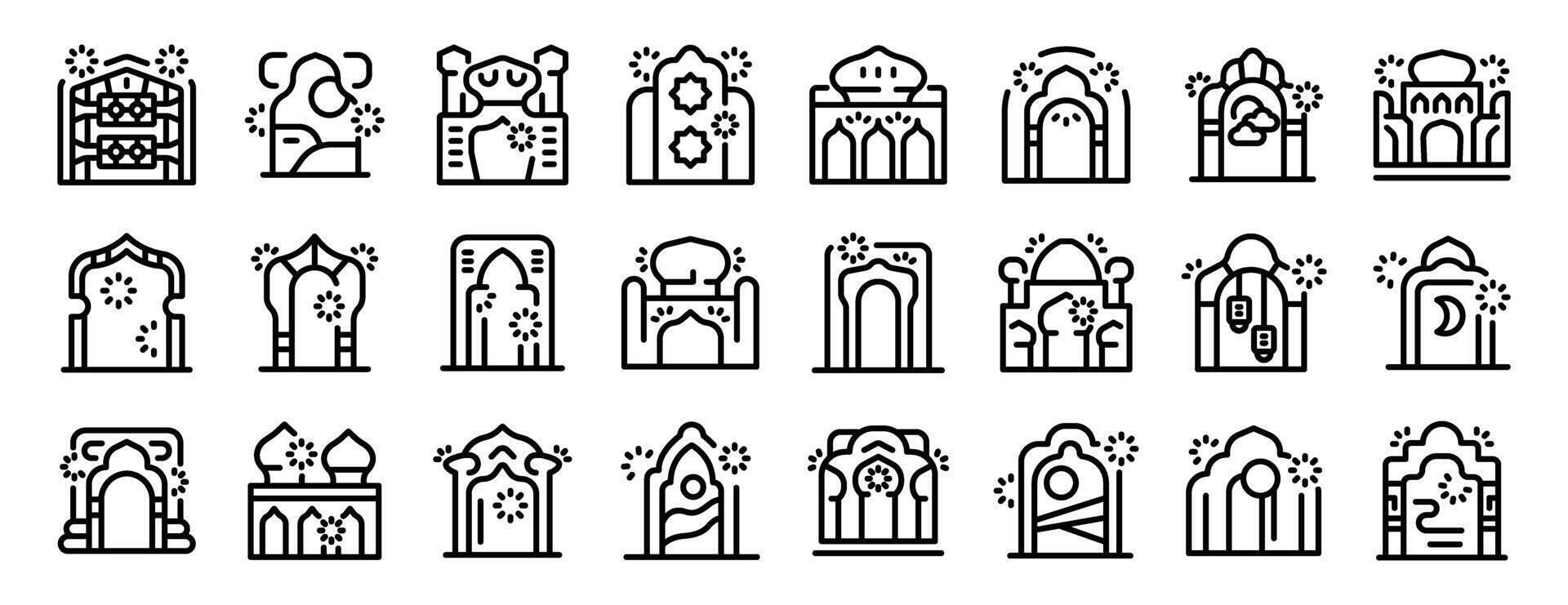 Arch window mosque muslim building icons set outline vector. Arabic shape vector