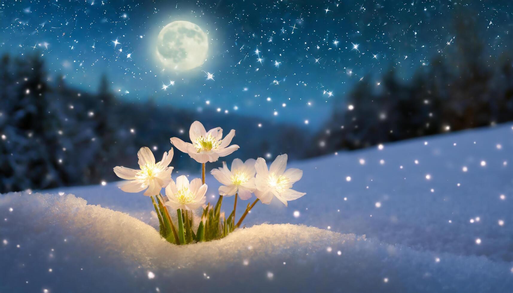 AI generated Glowing white flower in snow with fireflies under the moonlight photo
