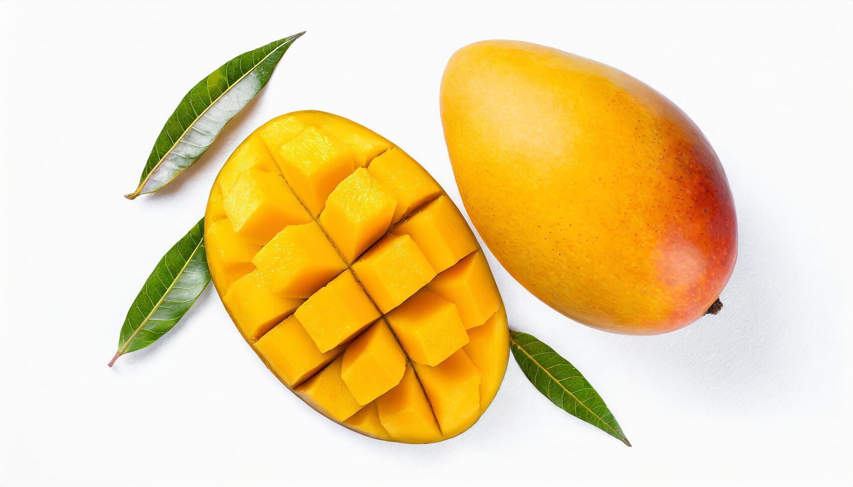 AI generated Full view of mango and mango cut in half top view photo