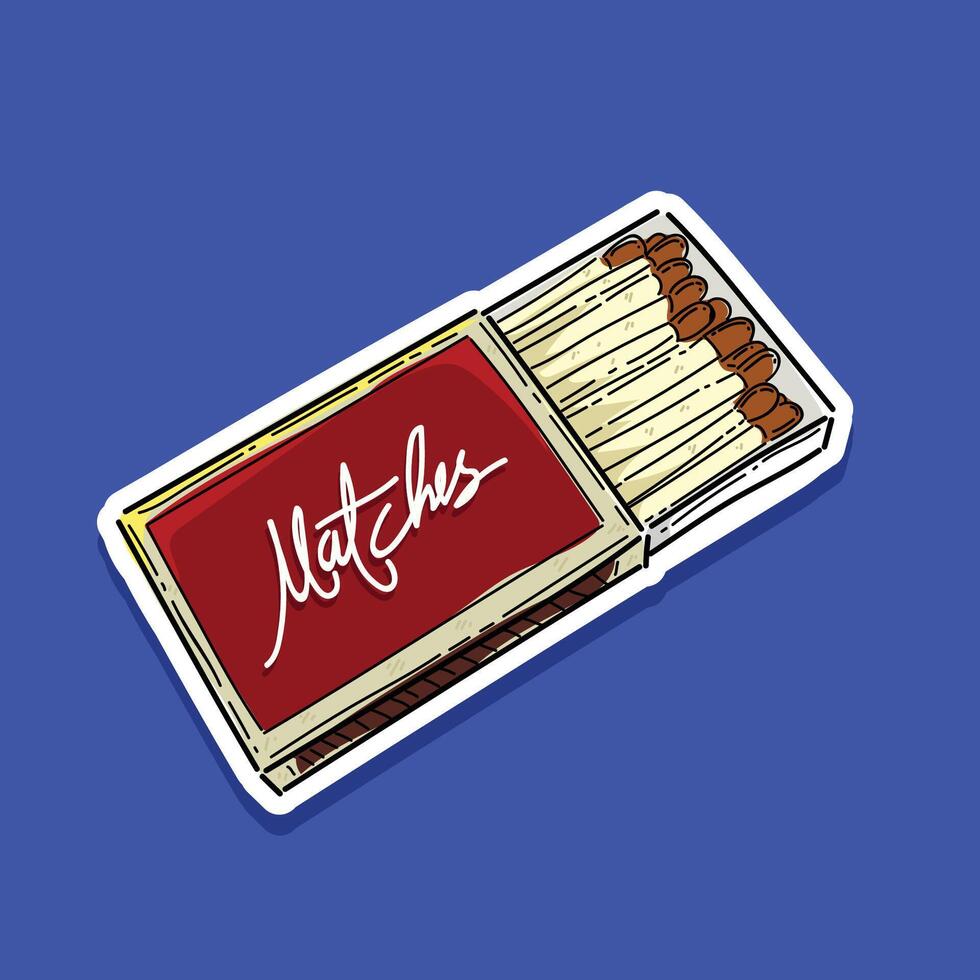 Opened match box. Hand drawn vector illustration with black outline isolated on blue background. Elements for icon and logo. Sticker style