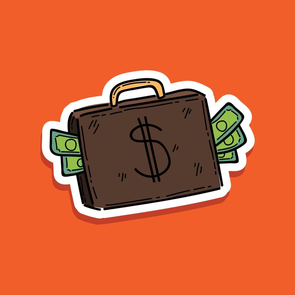 business briefcase full of money. Big profits from own business or cash won at casino. Received unexpected inheritance. Big cash prize earned bonus for good work. Isolated in an orange background vector