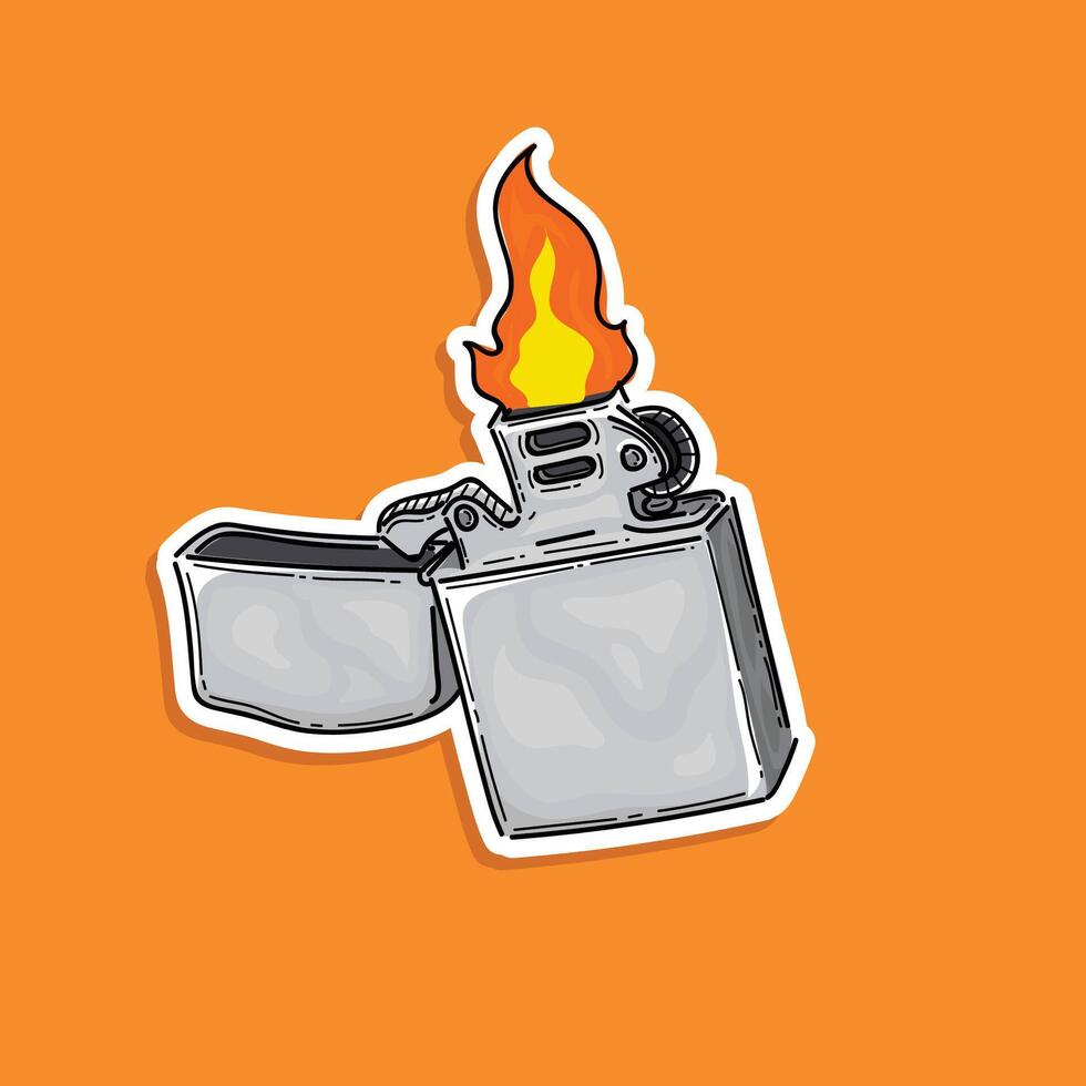 silver cigarette lighter vector illustration sticker isolated on orange background. Premium quality symbol. No smoking. Matches
