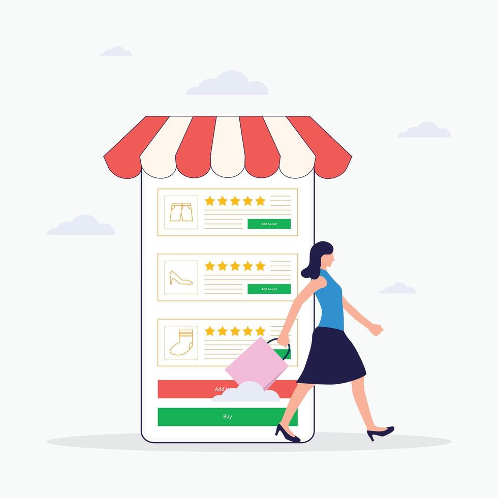 Woman shopping in the online shop flat illustration vector