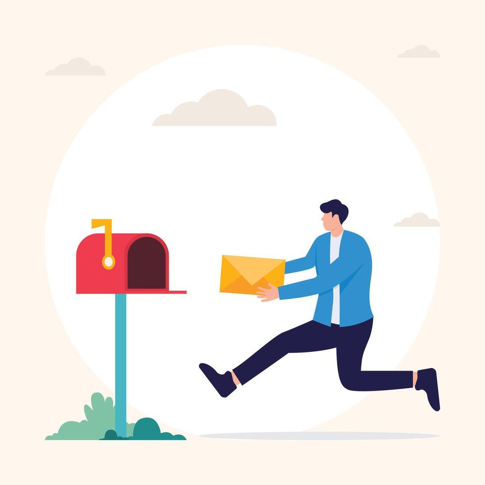 Businessman holding envelope inserting into mail box flat vector cartoon illustration