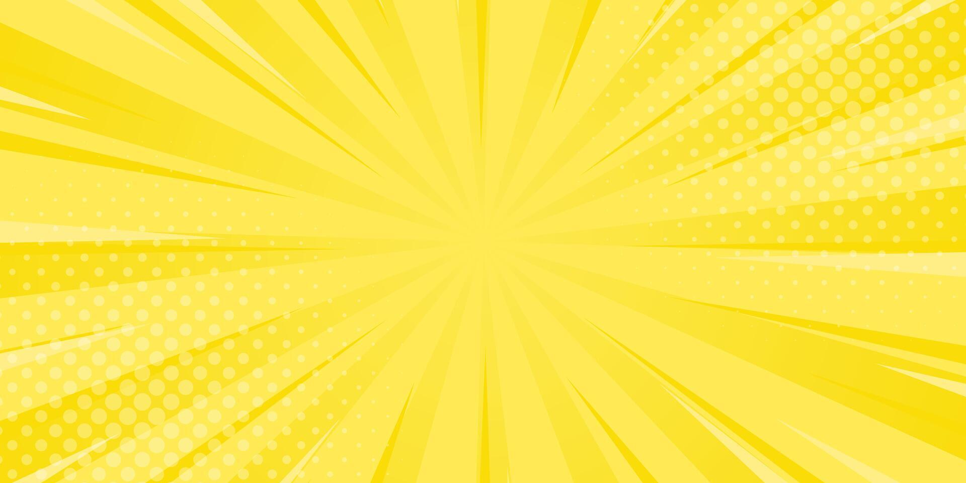 Bright yellow comic sunburst effect background with halftone. Sun rays abstract vector background. Suitable for templates, banners, events, ads, sales, web and pages