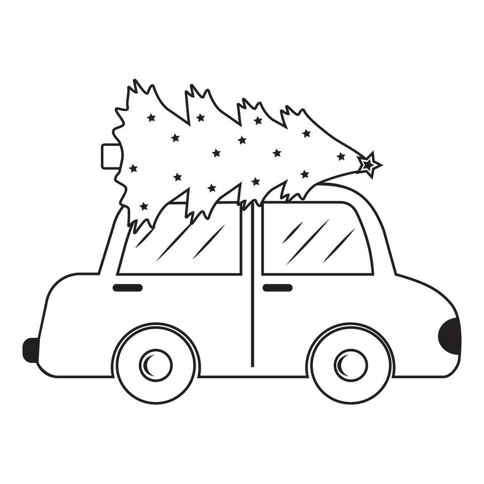 Car with a Christmas tree on the roof, black outline, doodle style, isolated on a white background vector