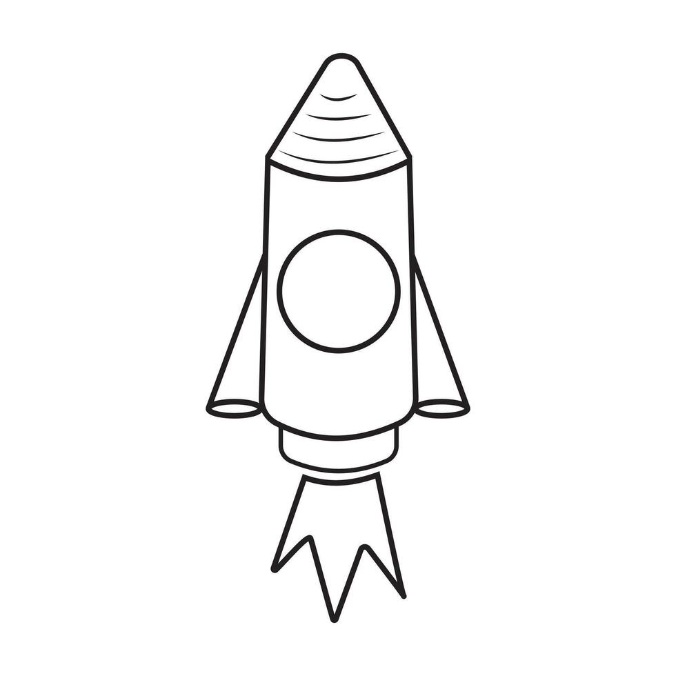 The launch vehicle icon has a black outline. A toy rocket takes off, spewing smoke. in the doodle style, coloring book vector