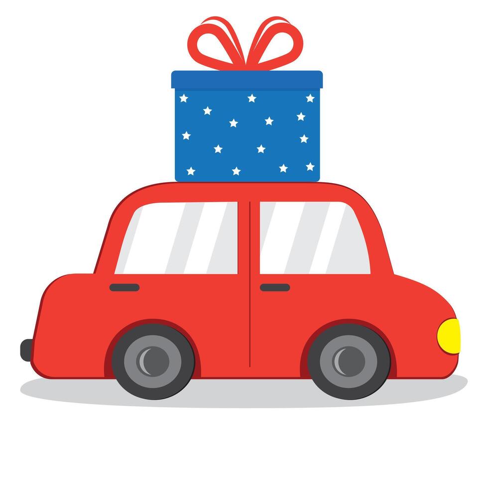 Car with a gift on the roof, color vector illustration in cartoon style