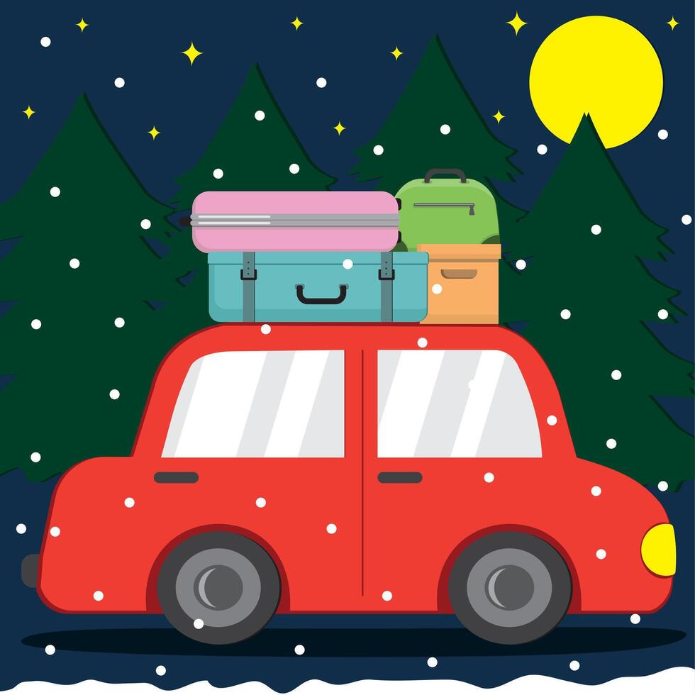 Winter Christmas landscape with a red car with suitcases on the roof, on the background of Christmas trees, in cartoon style vector