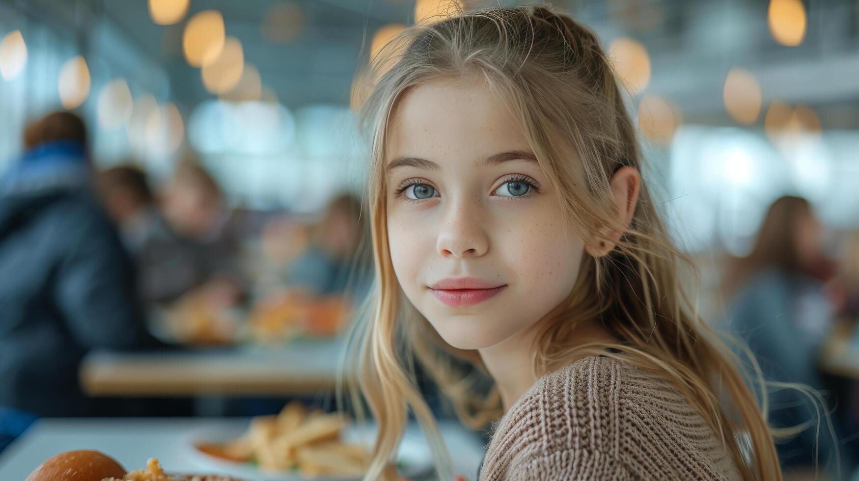 ai generado pequeño niña sentado a mesa con plato de comida foto