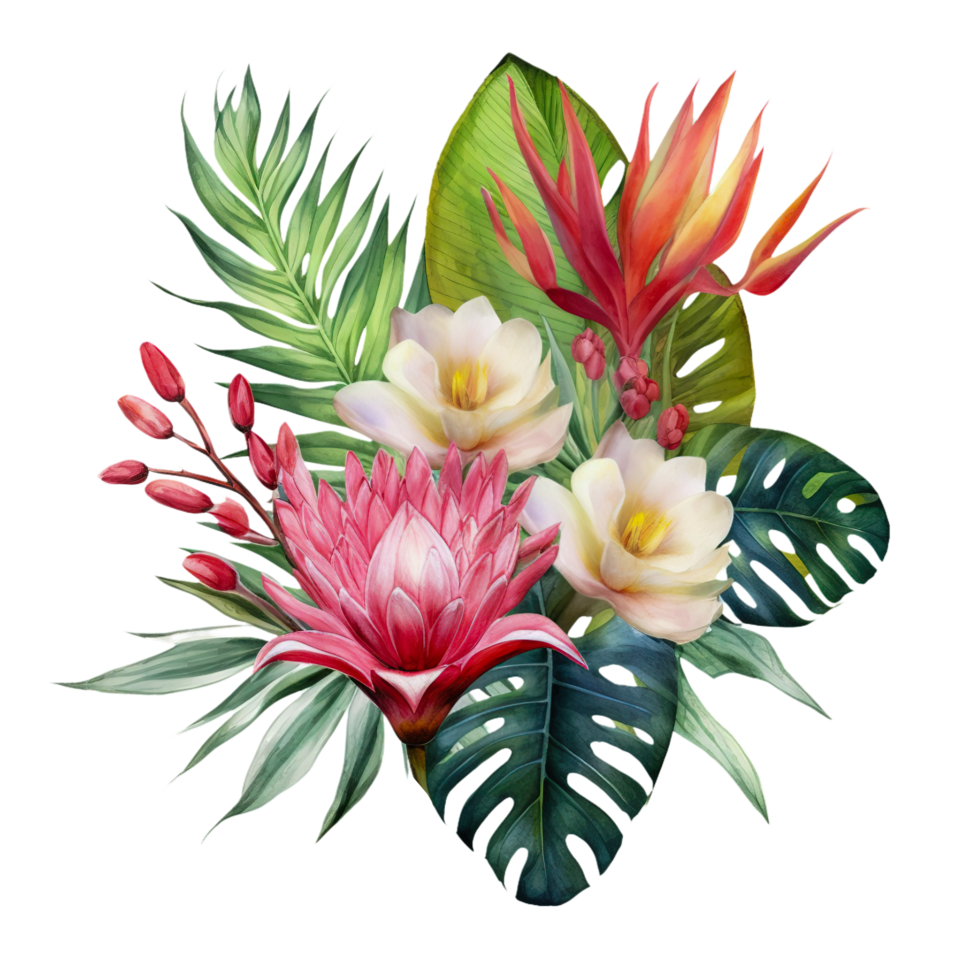 AI generated tropical flowers and leaves on transparent background png