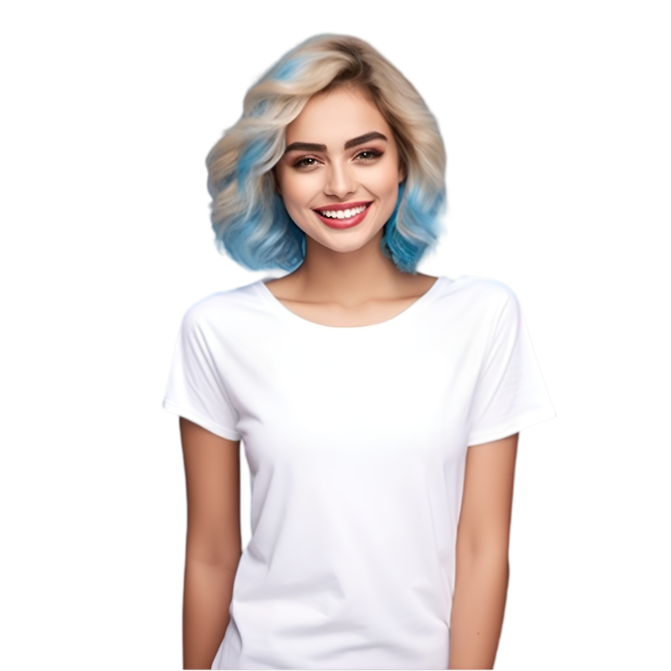 AI generated beautiful woman with blue hair and white t - shirt png