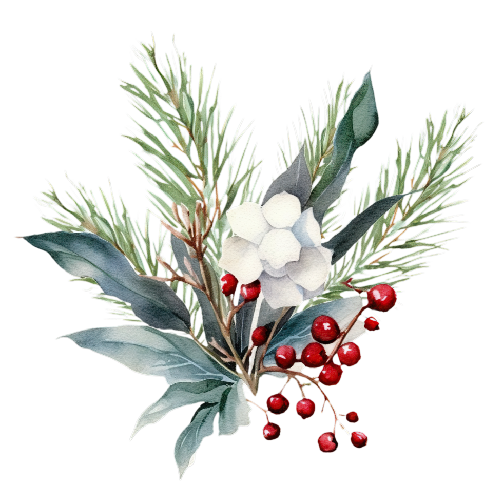 AI generated watercolor christmas tree and berries on transparent background png