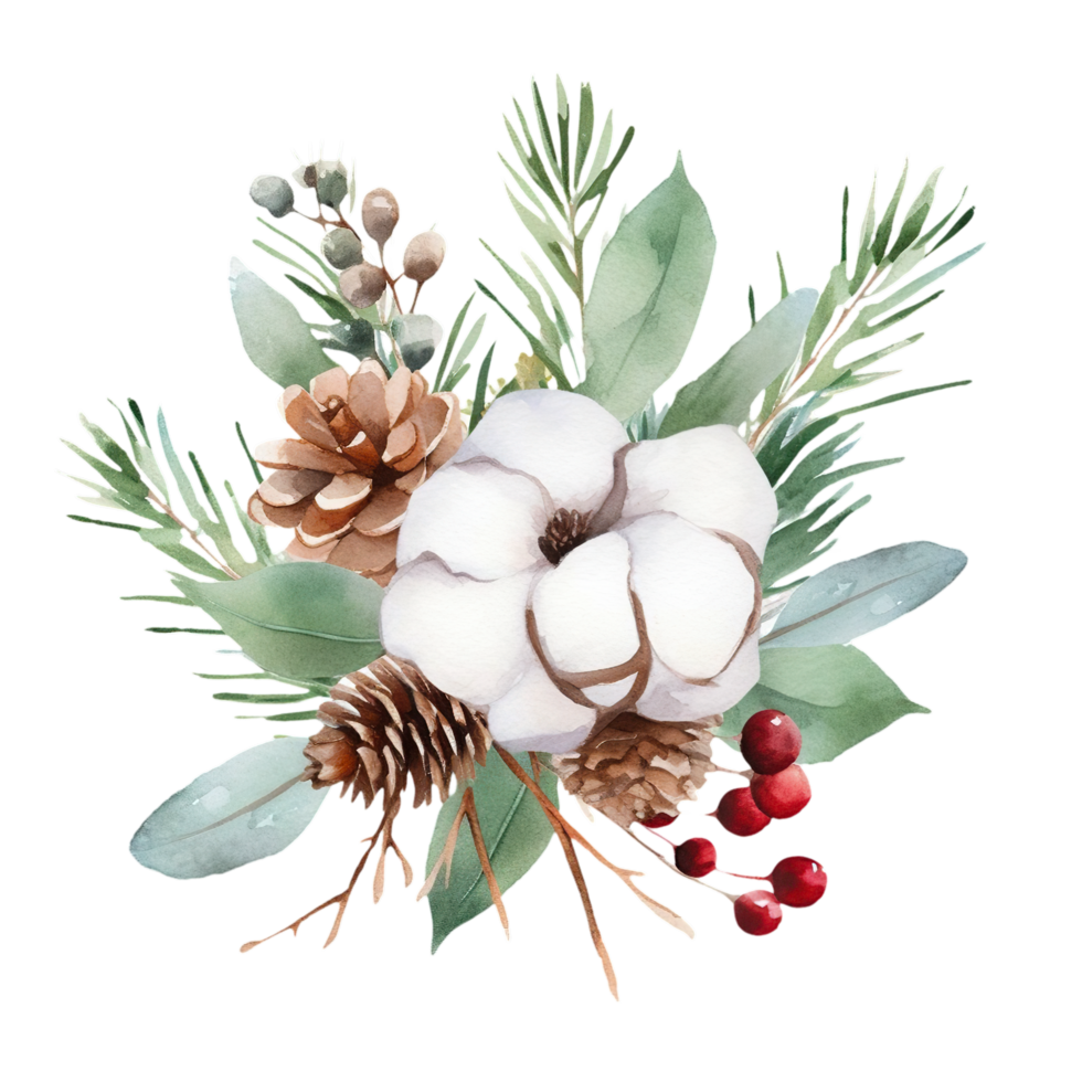 AI generated christmas wreath with cotton, pine cones, and berries png