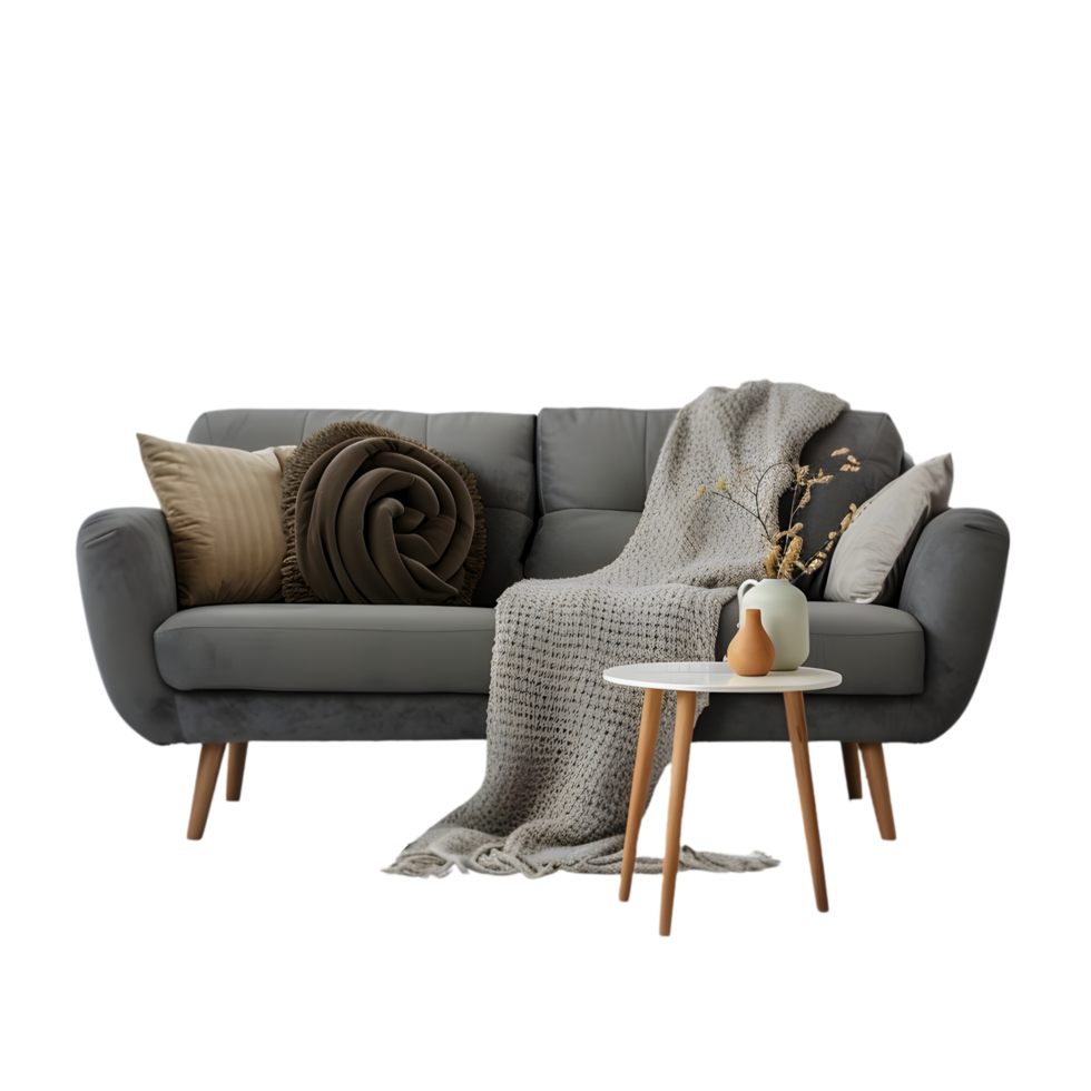AI generated a gray sofa with a blanket and pillows on it png