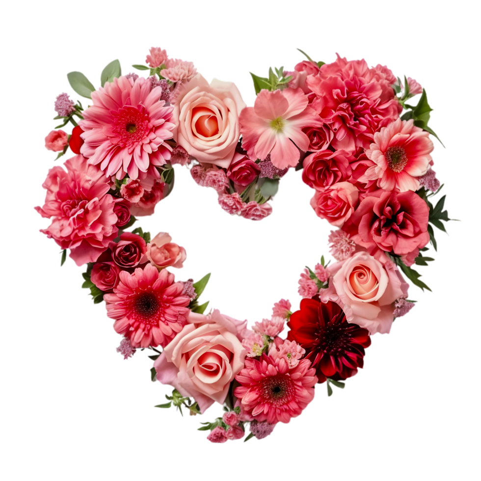 AI generated heart shaped flowers on transparent background png