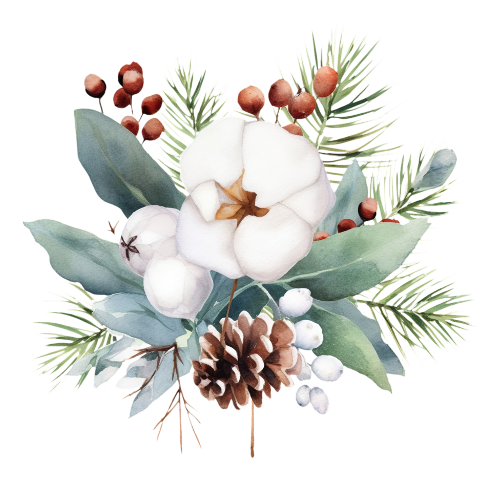 AI generated watercolor christmas flowers and pine cones on transparent background png