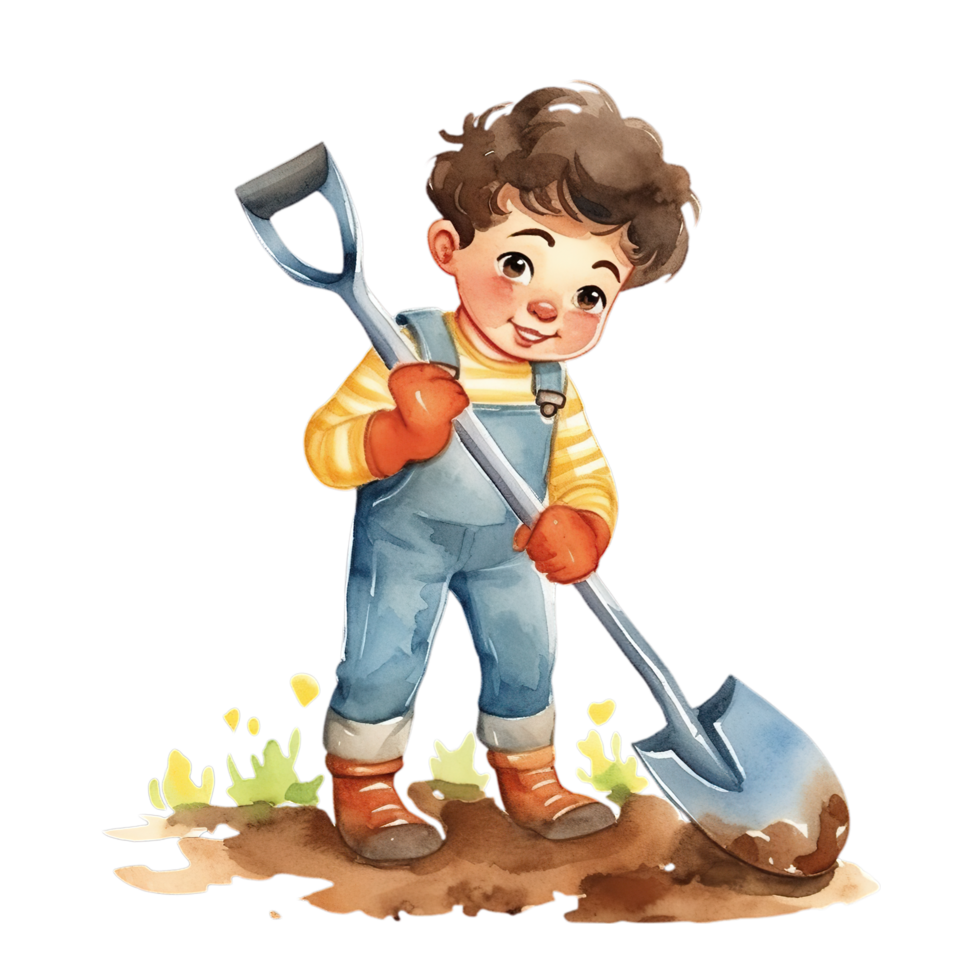 AI generated boy digging in the garden, watercolor illustration png