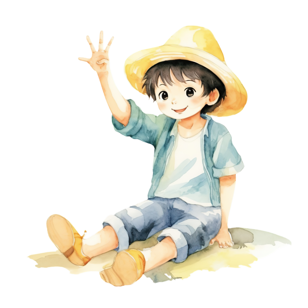 AI generated an illustration of a boy sitting on the beach with his hand up png