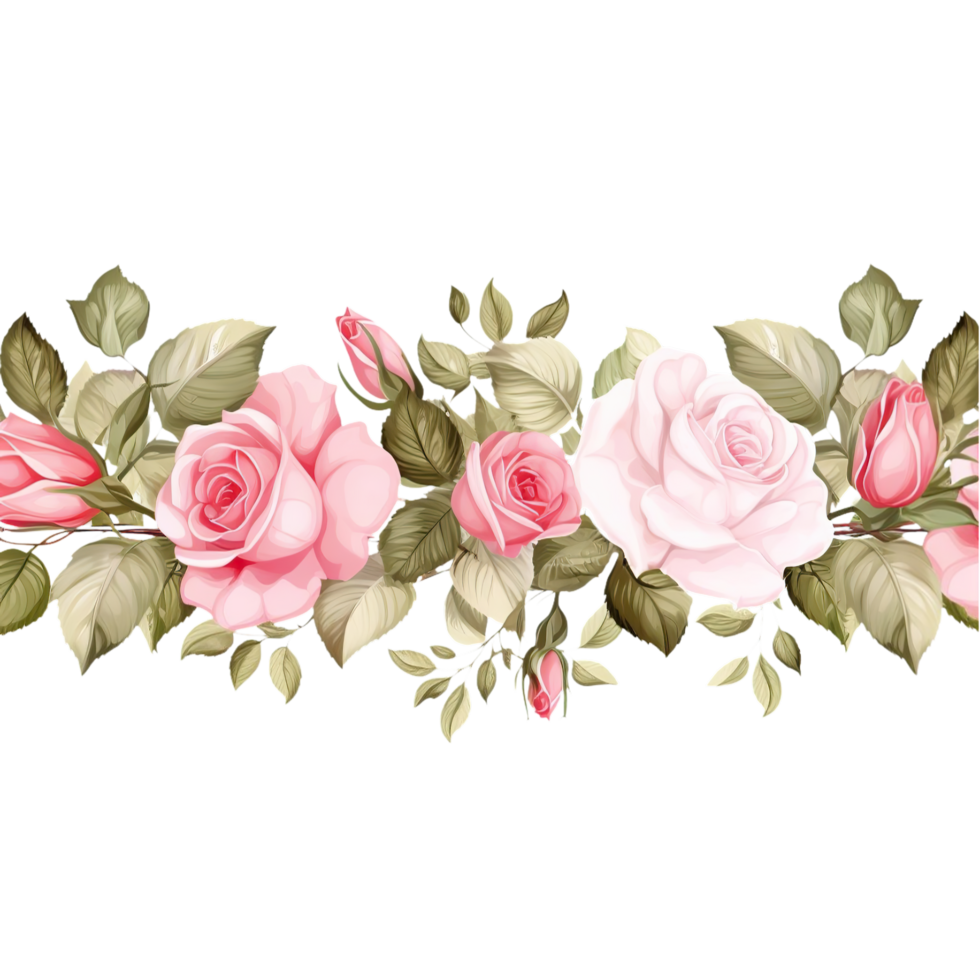 AI generated pink roses and leaves border on transparent background png