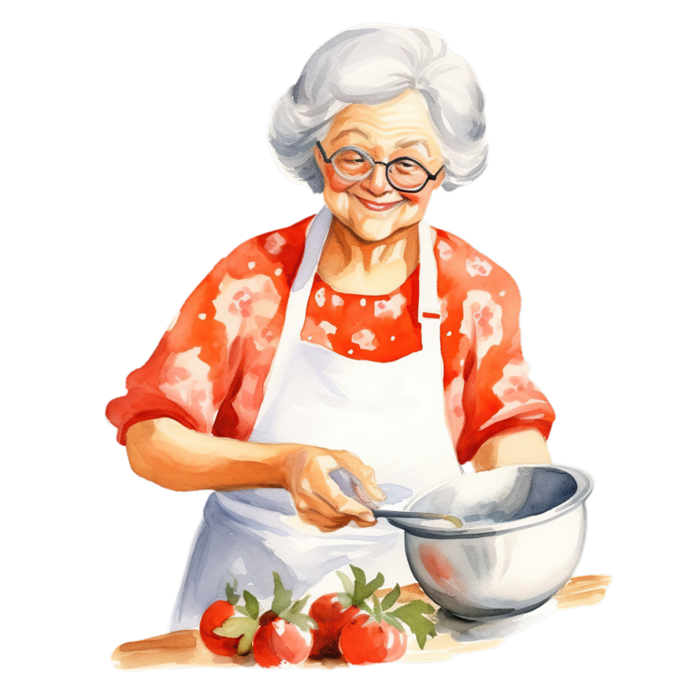 AI generated an elderly woman is cooking in the kitchen with tomatoes png