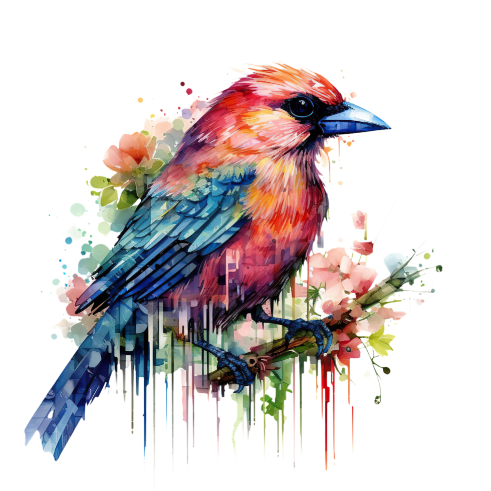 AI generated colorful bird on a branch with splatters png