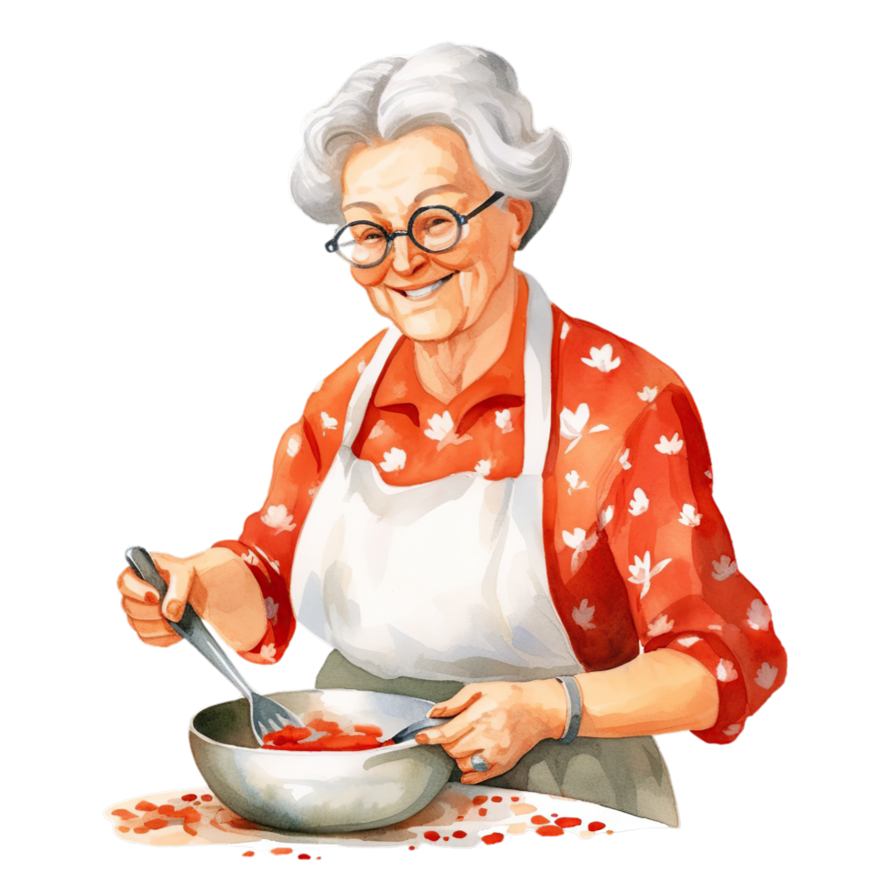 AI generated an old woman cooking in a kitchen with a pan png