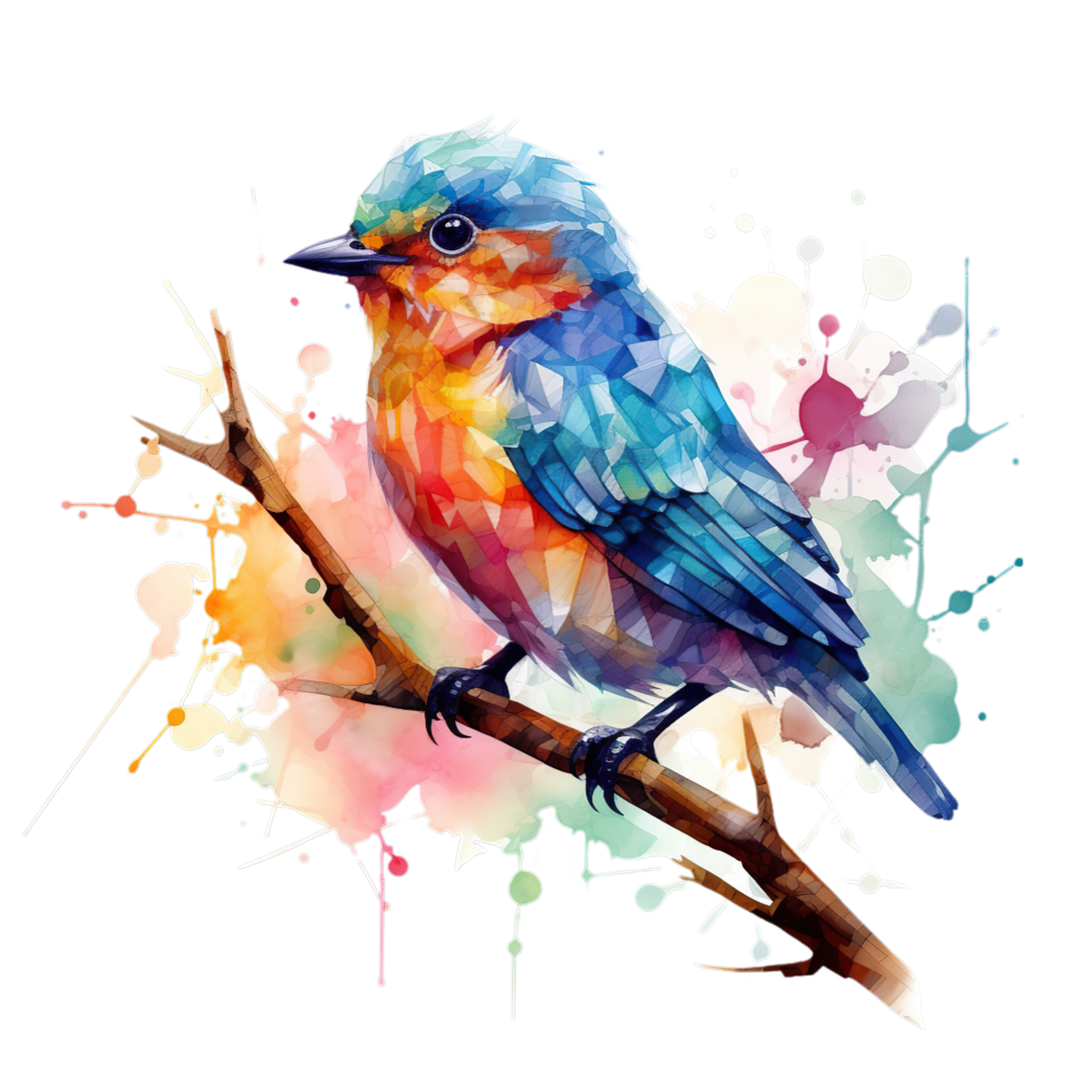 AI generated colorful bird on a branch with splatters png