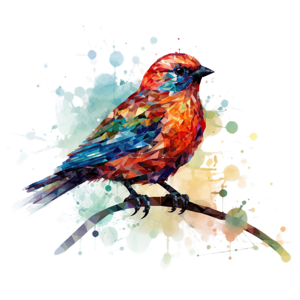 AI generated colorful bird on a branch with splatters png