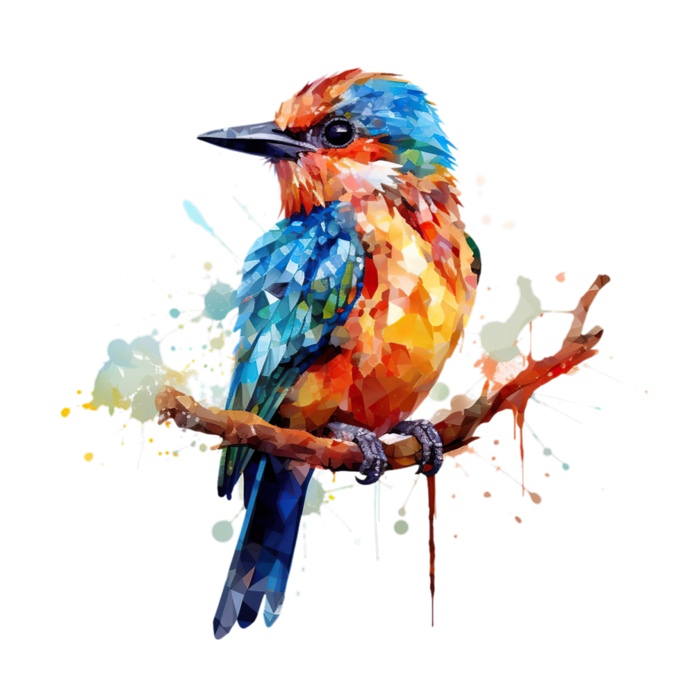 AI generated colorful bird on a branch with splatters png
