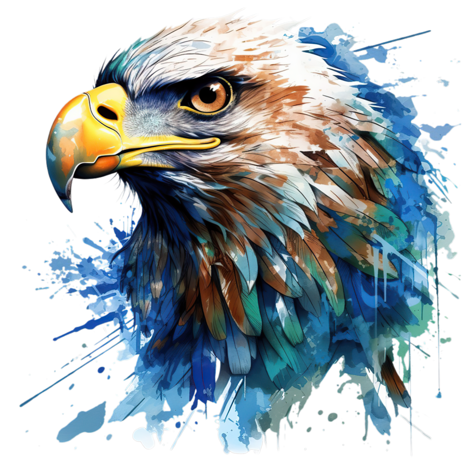 AI generated an eagle with blue and white paint splatters on its head png