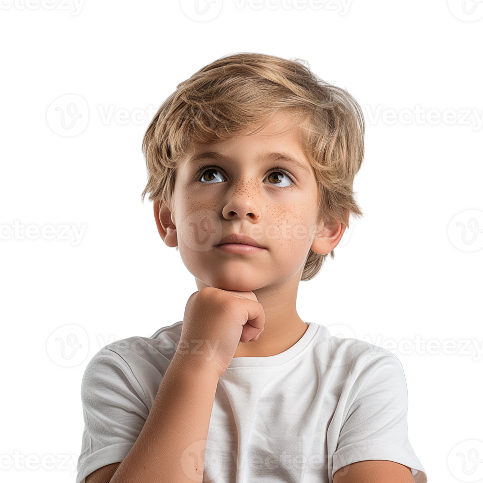 AI generated Close up Boy touching chin and thinking isolated on transparent background png