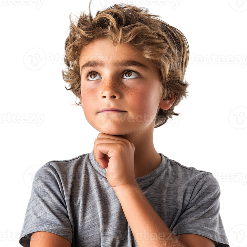 AI generated Close up Boy touching chin and thinking isolated on transparent background png