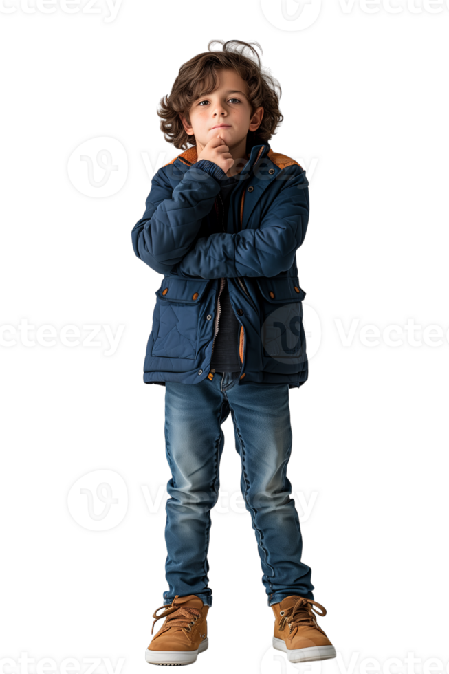 AI generated Full body portrait of Boy touching chin and thinking isolated on transparent background png