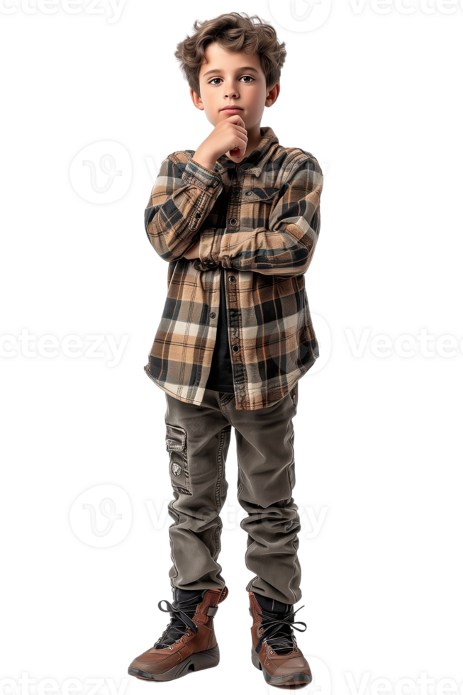 AI generated Full body portrait of Boy touching chin and thinking isolated on transparent background png