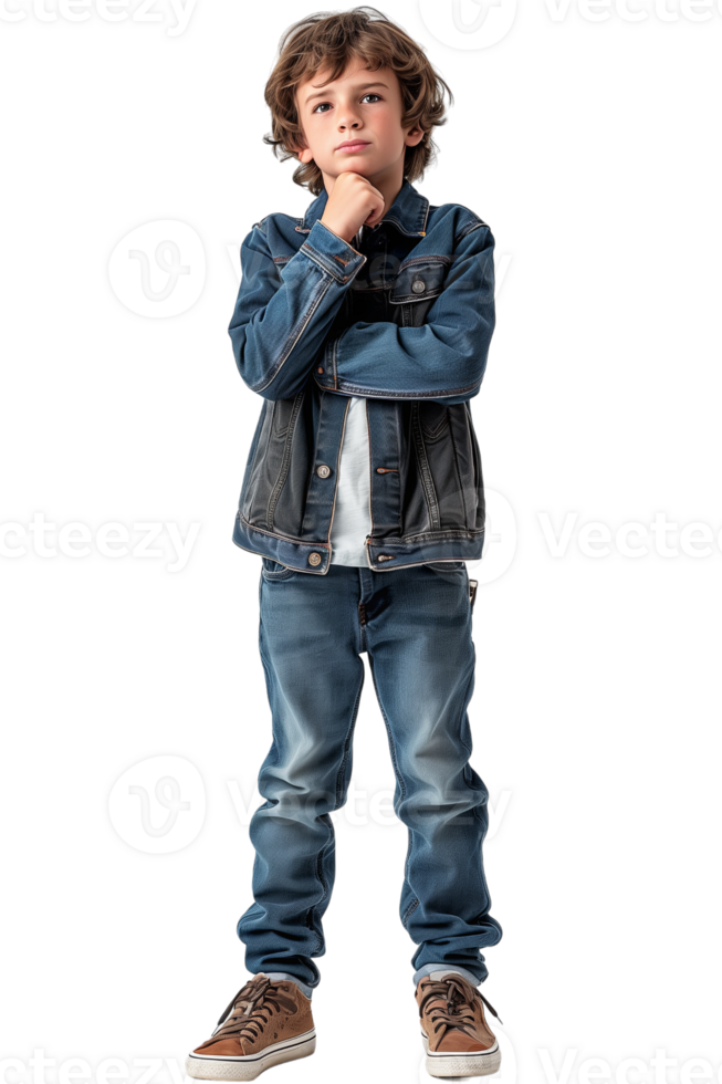 AI generated Full body portrait of Boy touching chin and thinking isolated on transparent background png