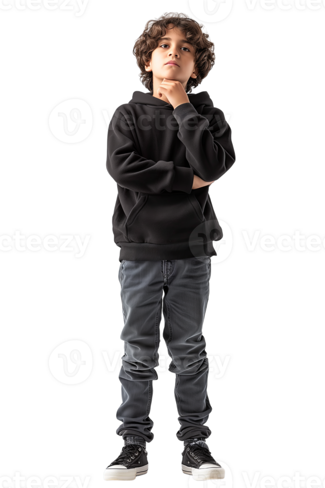 AI generated Full body portrait of Boy touching chin and thinking isolated on transparent background png
