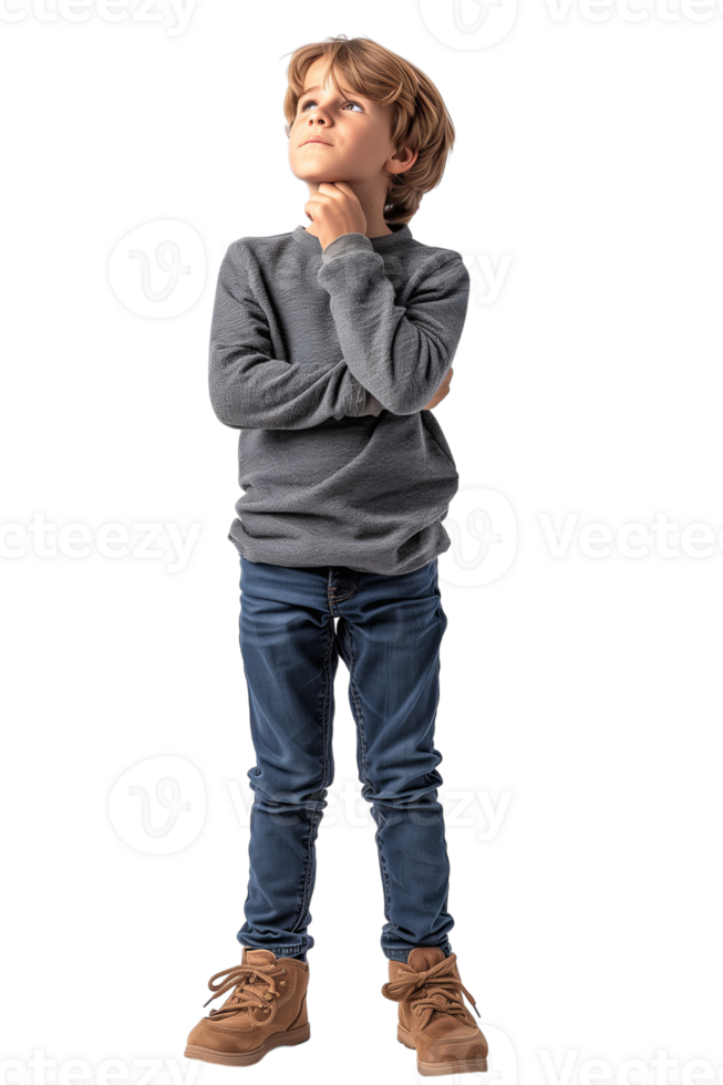 AI generated Full body portrait of Boy touching chin and thinking isolated on transparent background png