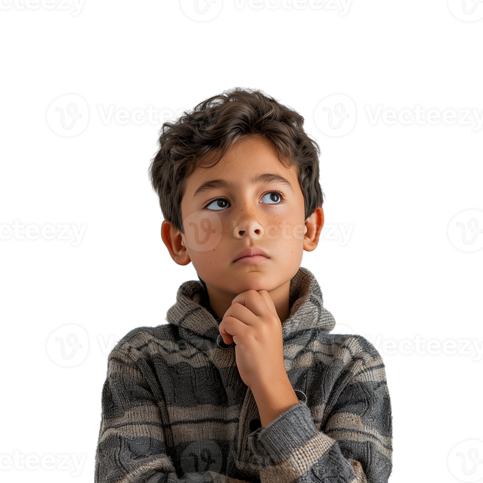 AI generated Close up Boy touching chin and thinking isolated on transparent background png